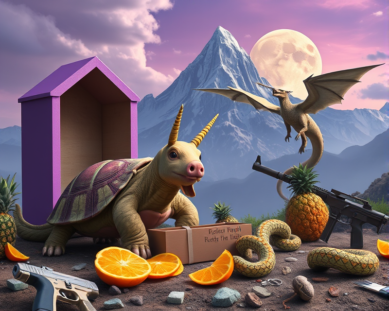 purple, tortoise, coffin, pig, box, unicorn, mountain, dragon, gun, orange, snake, potato chip, fork, pineapple